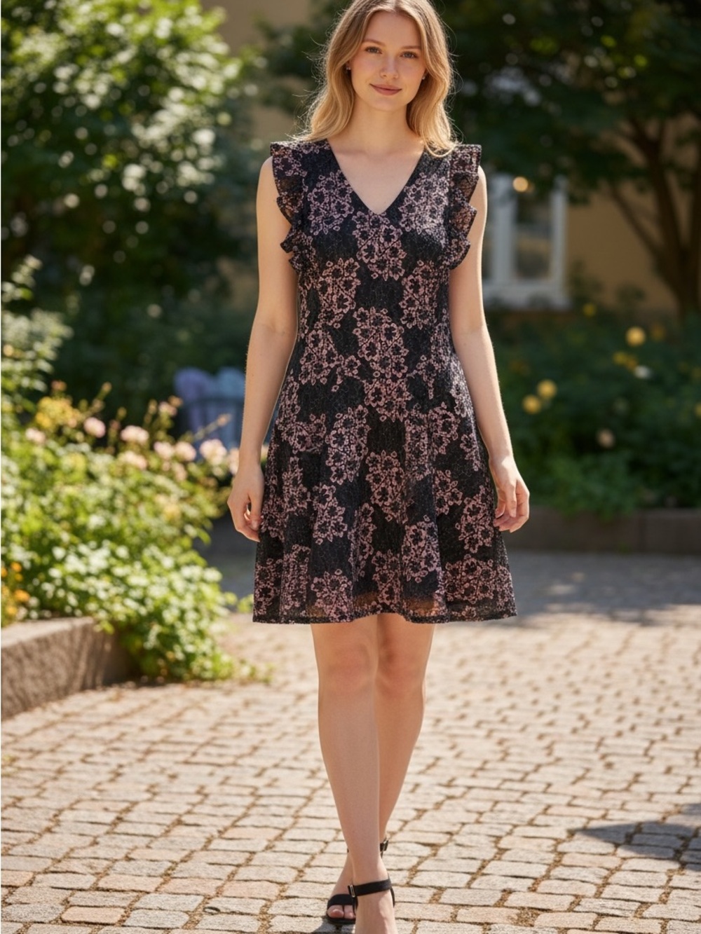 Tommy Hilfiger Black Lace Overlay Dress with Blush Floral Pattern